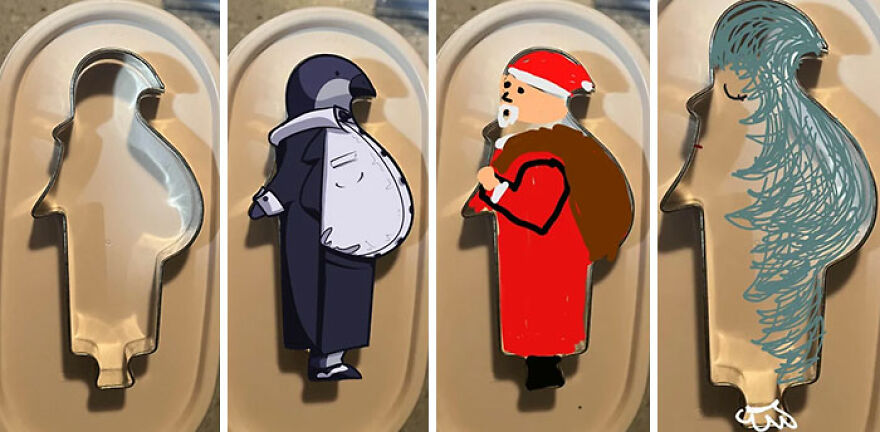 Four cookie shapes with illustrated interpretations. A metal cookie cutter is depicted as a penguin, Santa, and a mermaid.