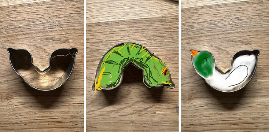 A cookie cutter transforms into a caterpillar and then a d**d duck, showing creative cookie shapes.