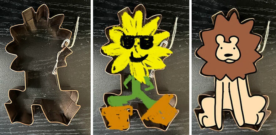 A unique cookie shape is reimagined as a cool sunflower and a sitting lion, showcasing amazing cookie shapes.