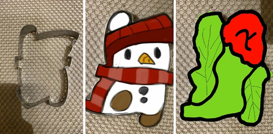 A cookie cutter next to two amazing responses: a drawing of a snowman and a flower made from cookie shapes.