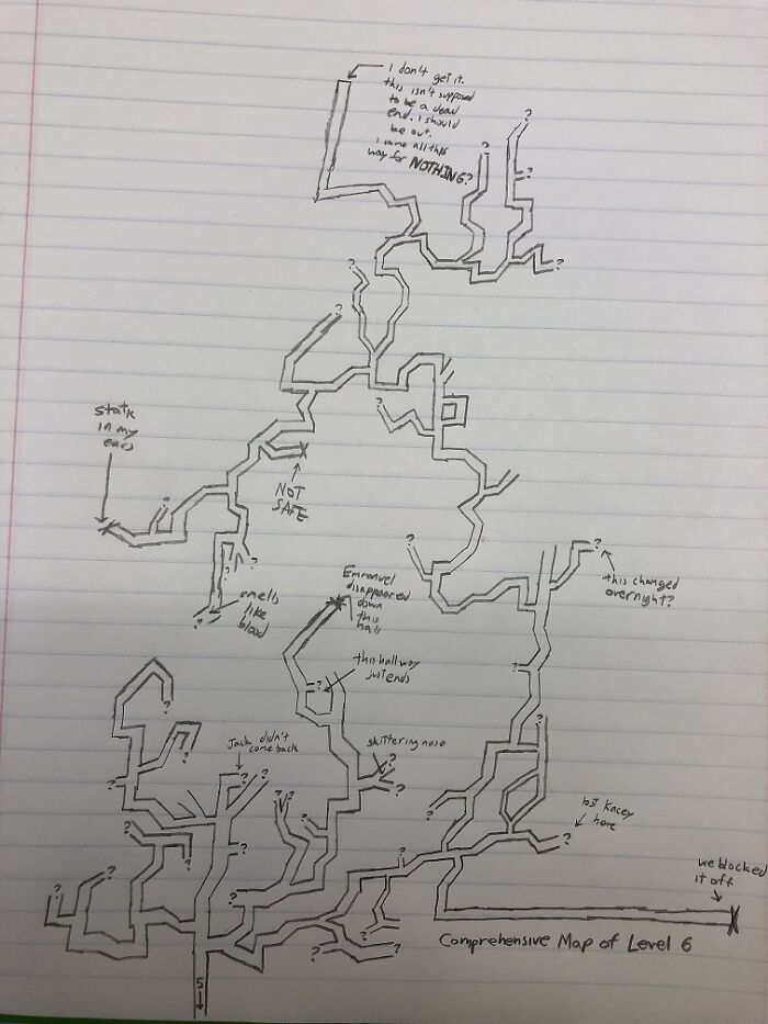 Hand-drawn comprehensive map of Level 6 showing complex paths and notes for Backrooms levels