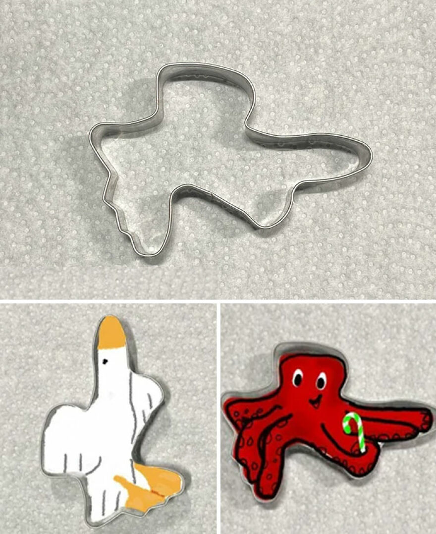 A metal cookie cutter and two decorated cookie shapes: a white goose and a red octopus with a candy cane.
