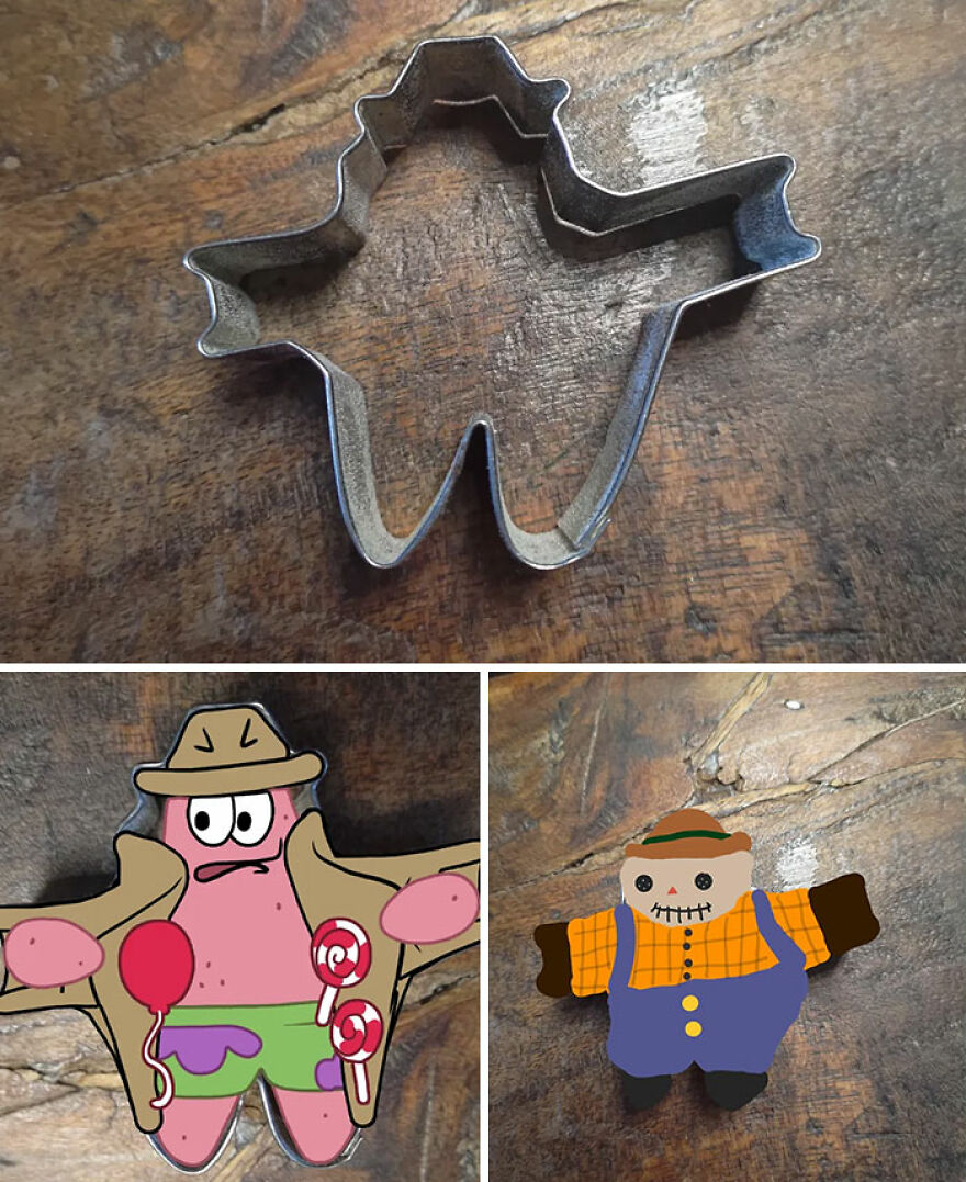 A mysterious cookie cutter shape, with potential as Patrick Star or a scarecrow, sparking new cookie shapes ideas.