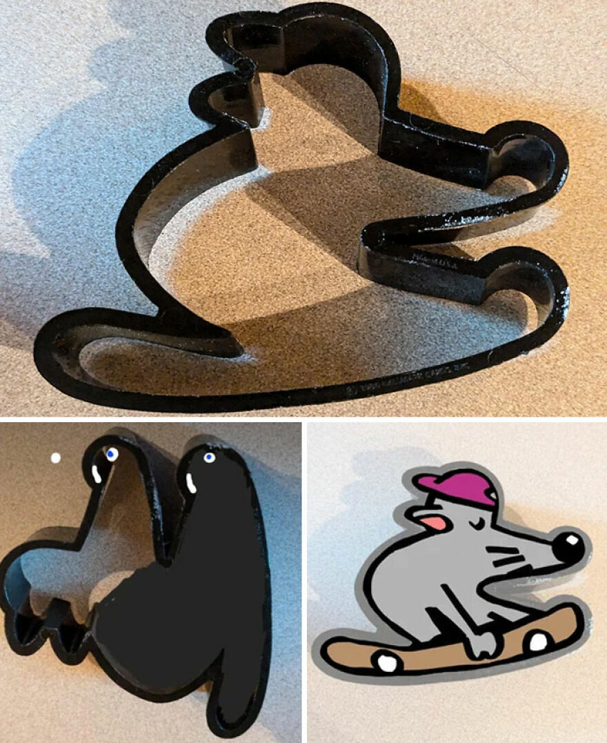 A black cookie cutter in the shape of a mouse on a skateboard, with a cutout of the shape and the final cookie design.