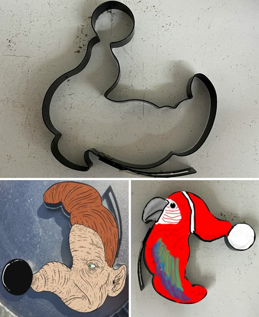 A unique cookie cutter shape interpreted as an old man and a parrot wearing a Santa hat, showcasing diverse cookie shapes.