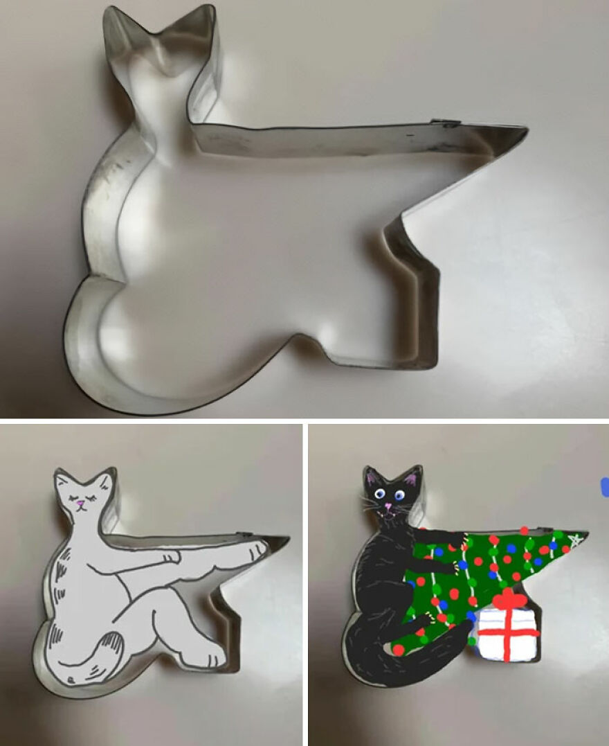 A metal cookie shape, resembling a cat figure. Below, two illustrations show how the cookie shape can be decorated as a cat.