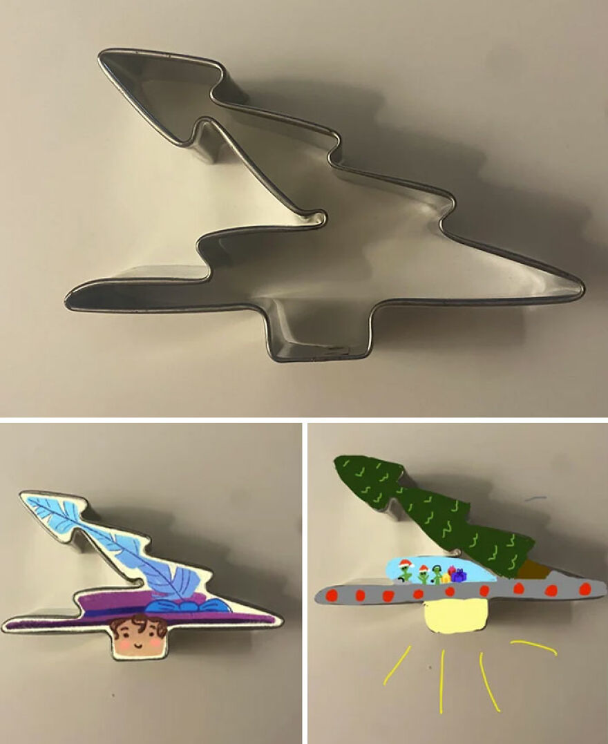 A single Christmas tree cookie cutter is transformed into two creative cookie shapes: a character and a UFO.