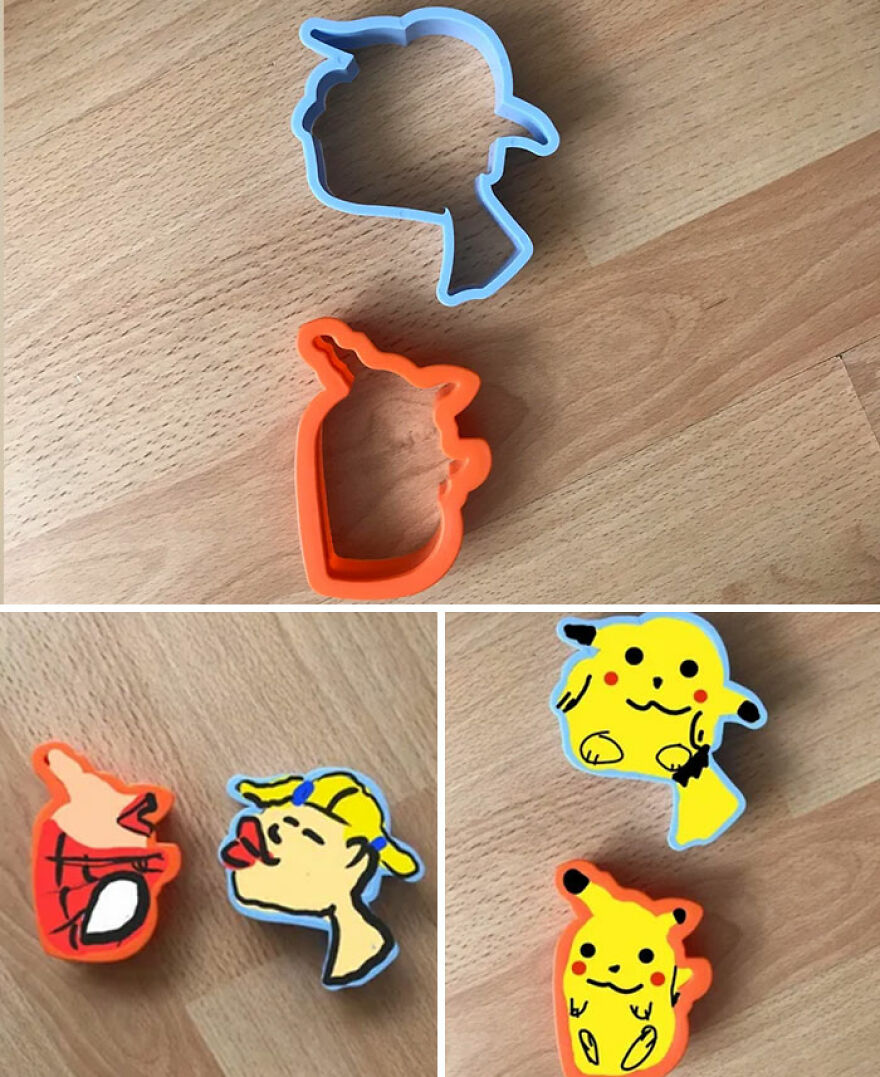 An image showcasing cookie shapes. Top: two empty cookie cutters, blue and orange. Bottom: four decorated cookies, including Spider-Man and Pikachu cookie shapes.