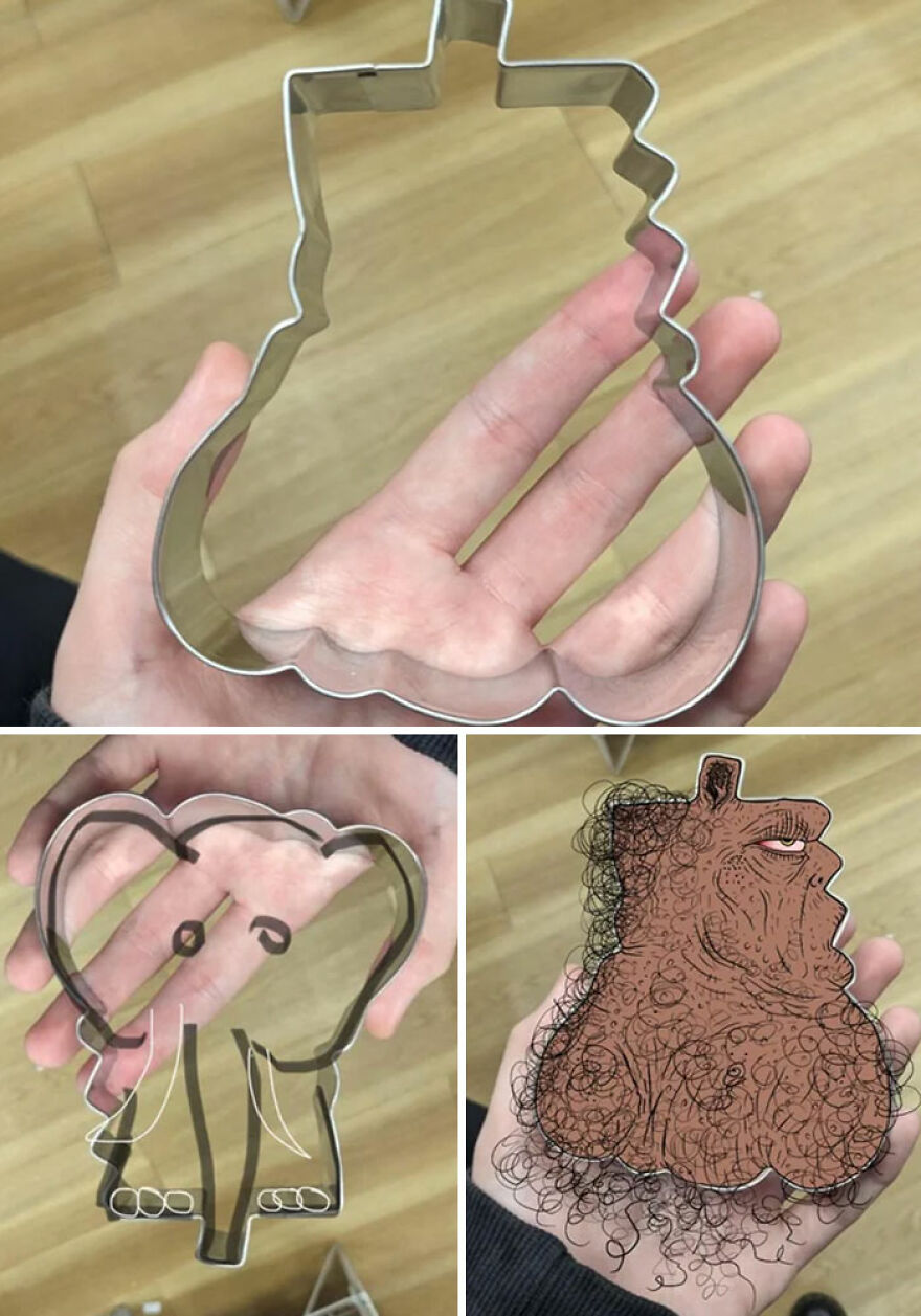 A hand holds a cookie shape, then an outline suggests an elephant, and finally, a crude caricature. Cookie shapes, amazing responses.