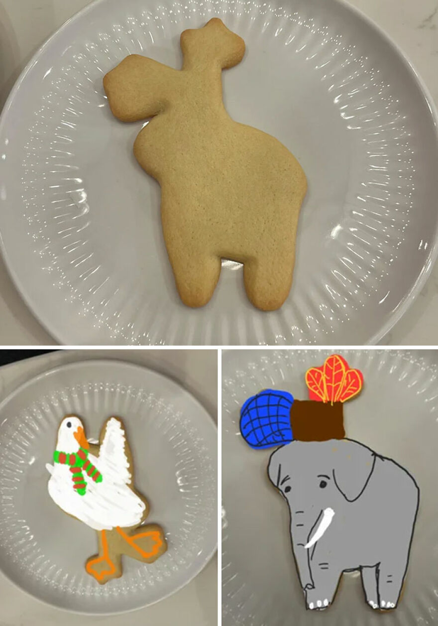 Three cookie shapes are shown: an undecorated figure, a decorated duck, and an elephant. Discover unique cookie shapes and amazing responses.