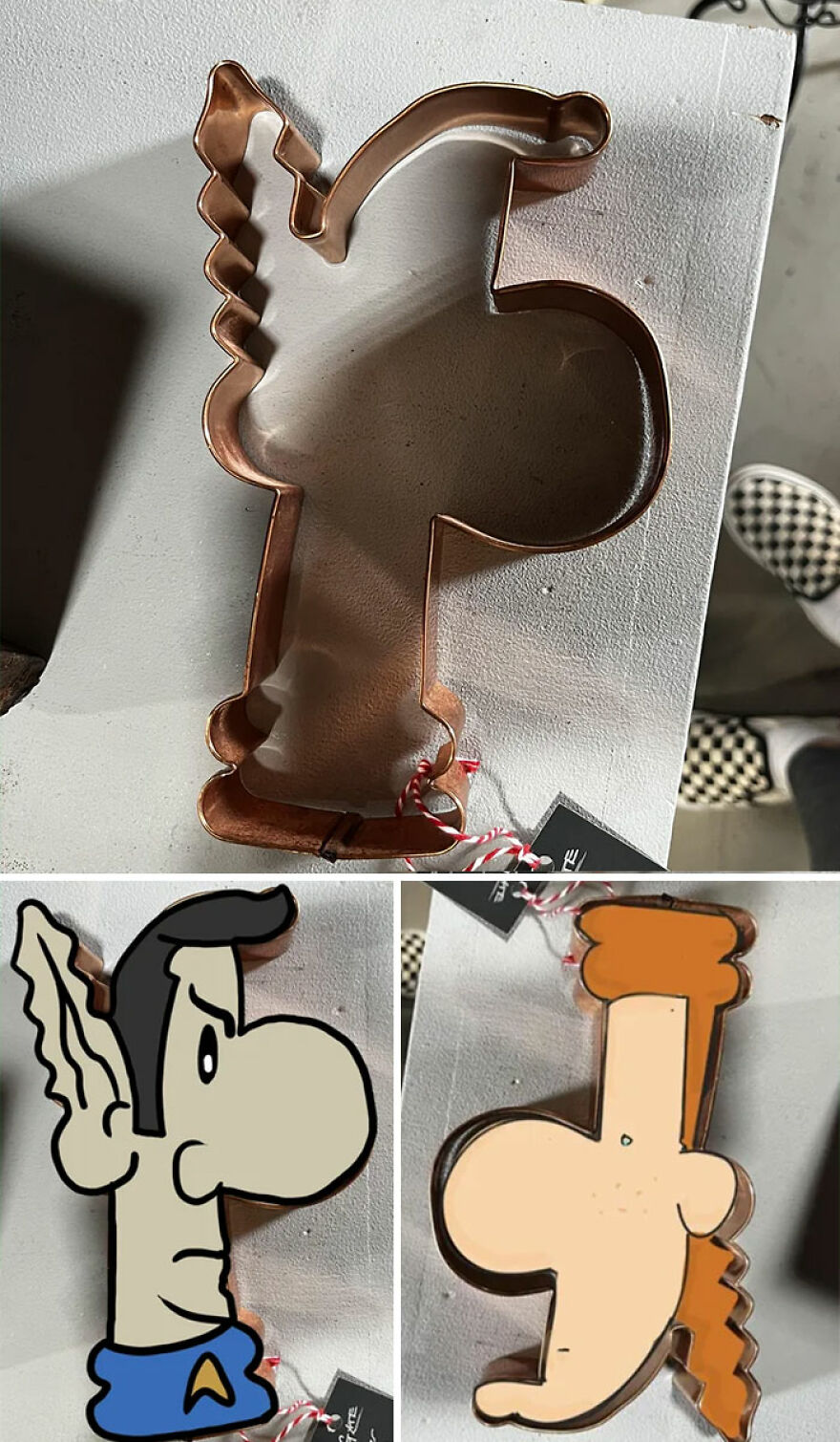 A copper cookie shape, possibly a character, alongside two interpretations as a pointy-eared man and a person with red hair.