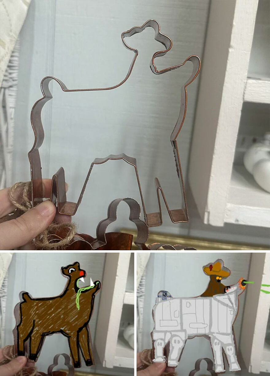 A metal cookie cutter shaped like a deer, shown with two hilarious interpretations for cookie shapes.