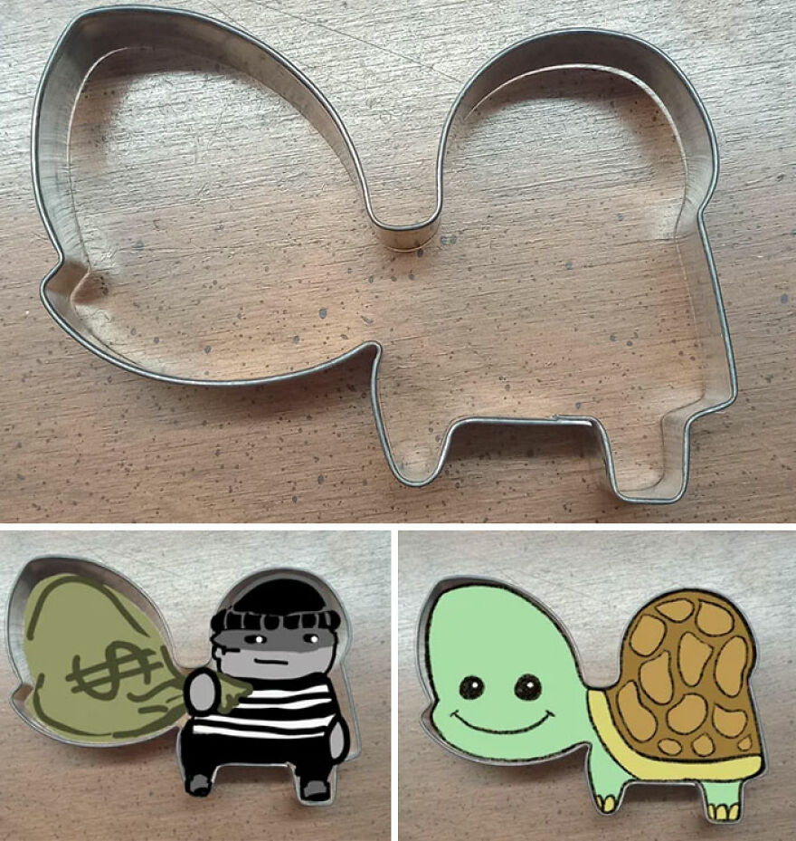 A metal cookie cutter with two possible cookie shapes: a robber with a money bag or a smiling turtle. Amazing cookie shapes.