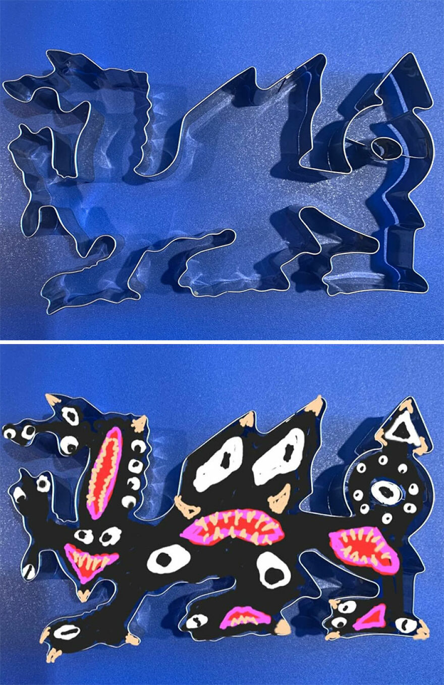 Abstract cookie shapes in their metal form then decorated with colorful, whimsical monster faces.