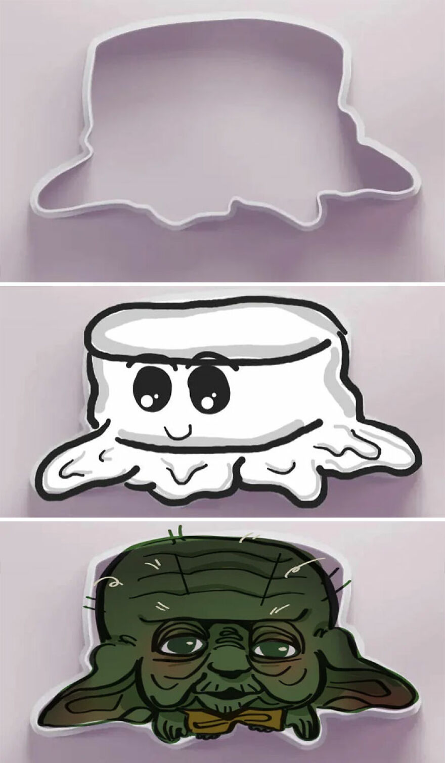 This cookie shapes image shows a plain white cutter, then an adorable smiling marshmallow, then a charming baby Yoda.