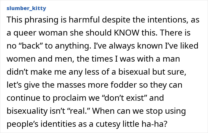 A user post by slumber_kitty, discussing harmful phrasing about bisexuality and identity. Lola Young may relate to such discussions.