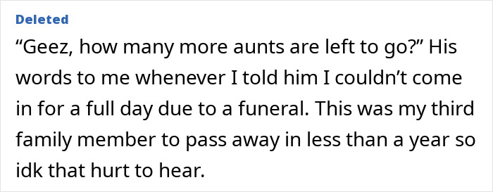 Boss dismissively questions funeral absences after multiple family deaths