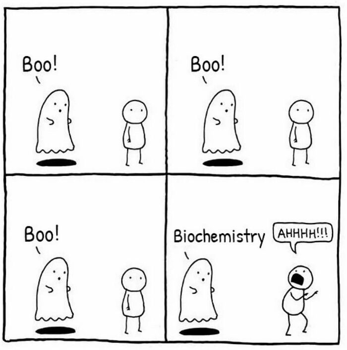 A four-panel medical meme: a ghost scares a person by saying Boo! three times, then scares them with Biochemistry.