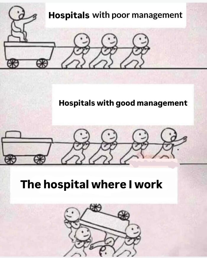 A medical meme showing stick figures illustrating bad vs. good hospital management, and a chaotic "my hospital" scene.