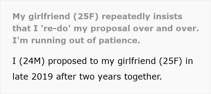 Text about girlfriend insisting on redoing proposal repeatedly