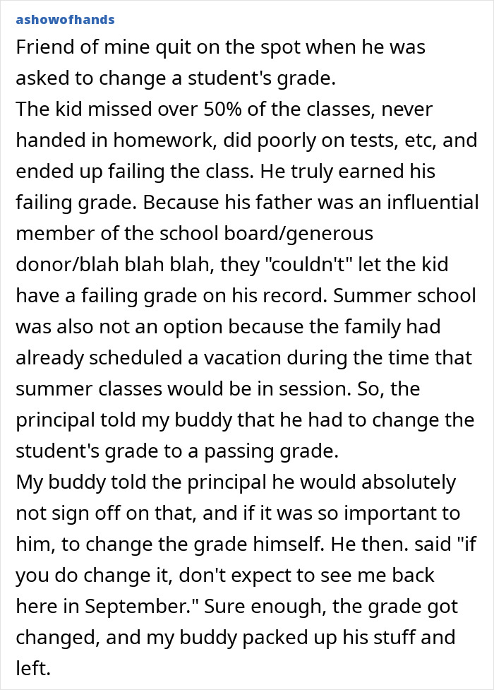 Teacher quits after being asked to change failing student's grade amidst school pressure