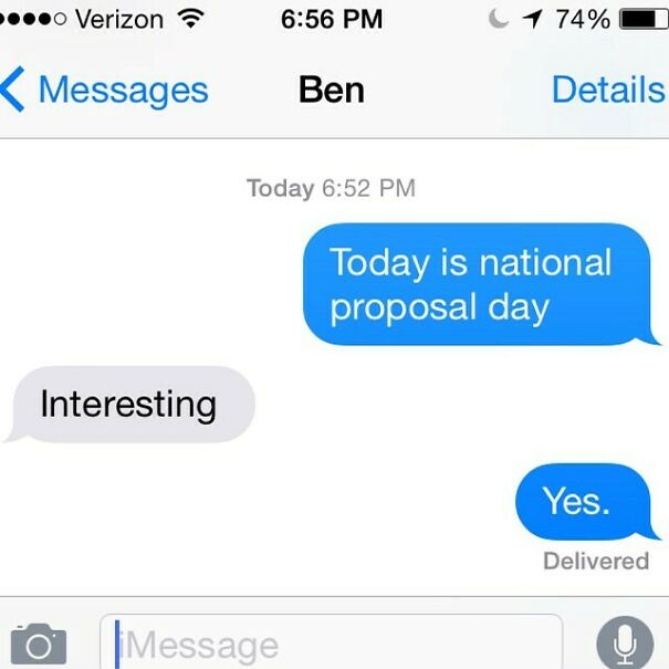 Text exchange mentioning national proposal day in relationship