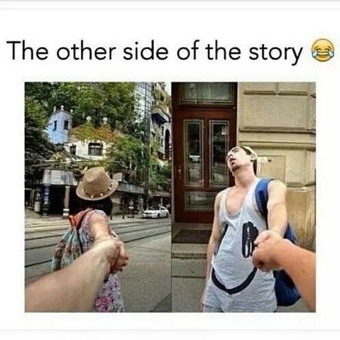 Funny travel memes showing follow-me-to photos: one woman leading, one man being dragged. Relatable travel humor.