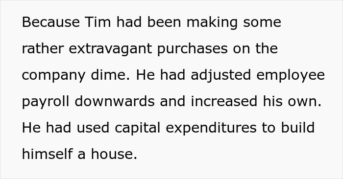 Text explaining extravagant purchases and payroll manipulation by boss Text explaining extravagant purchases and payroll manipulation by boss