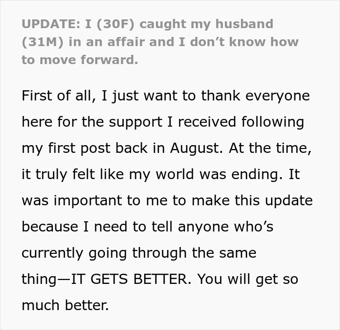 Text update about catching husband in affair and moving forward emotionally