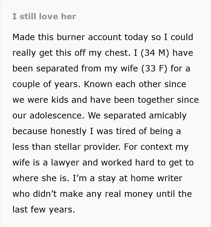 Screenshot of a text post where a guy expresses regret about leaving his wife and kids to find himself.