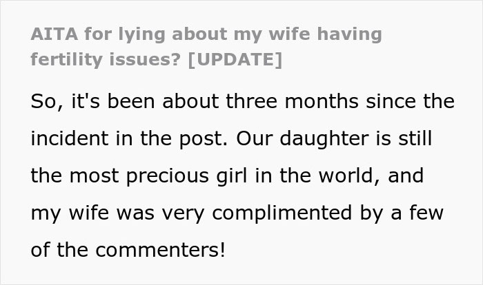 Update comment on lying about wife's fertility issues with positive feedback Update comment on lying about wife's fertility issues with positive feedback
