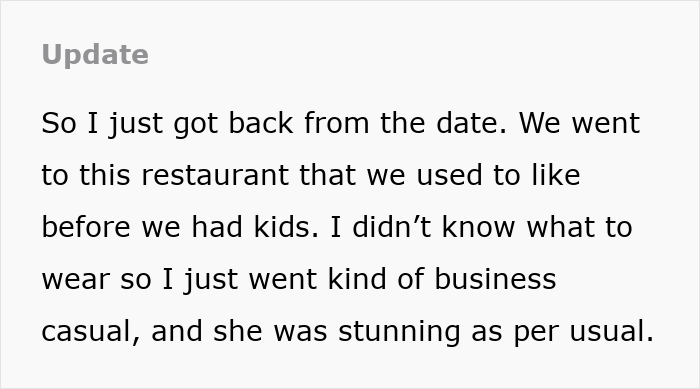 A Reddit post update about a date, sharing feelings and thoughts. Could relate to a guy who leaves wife.