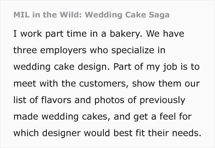 Text describing bakery job working with wedding cake design customers Text describing bakery job working with wedding cake design customers