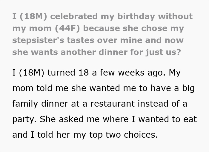 Mom Turns Son’s 18th B-Day Dinner Into Stepdaughter’s Fantasy Night, Fed-up Teen Finally Moves Out Mom Turns Son’s 18th B-Day Dinner Into Stepdaughter’s Fantasy Night, Fed-up Teen Finally Moves Out