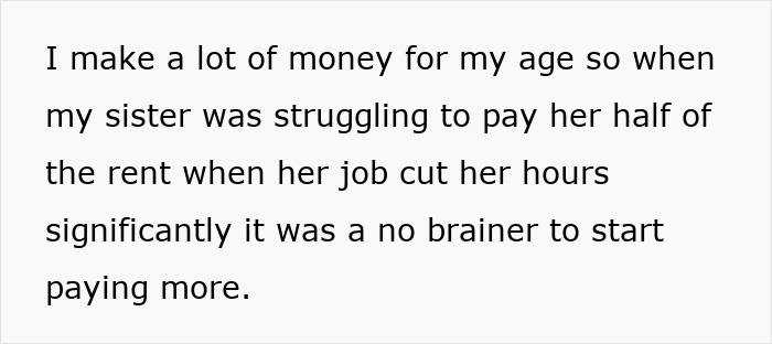 Text about 23-year-old paying more rent to support struggling sister