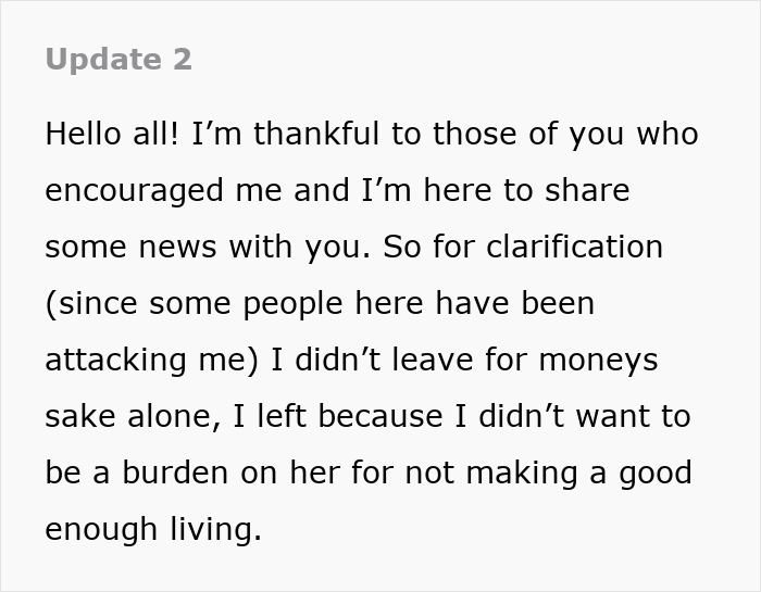 A Reddit post titled "Update 2," where a man clarifies why he left his wife and kids, regretting it.
