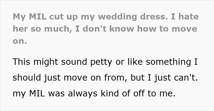 Text expressing distress over MIL cutting wedding dress before wedding