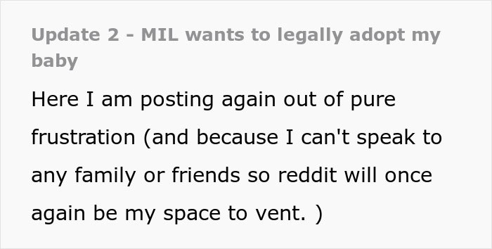 Reddit post text: MIL wants to adopt grandchild. A mother vents about her MILs erratic behavior and desire to adopt her baby.