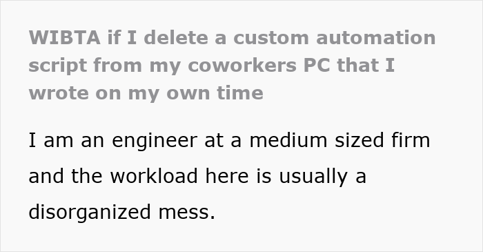 Text snippet about engineer at medium sized firm with disorganized workload