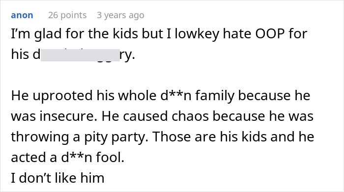 A comment criticizing a man who leaves wife and kids to find himself, calling his actions selfish.