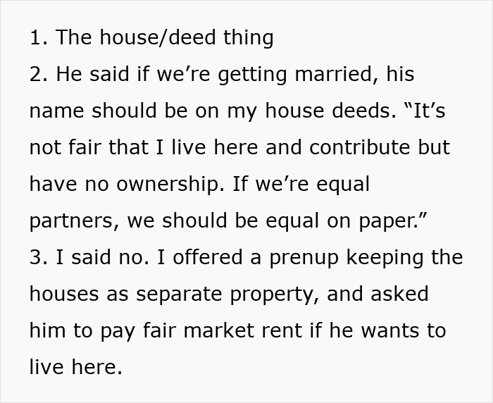 Text about house deed conflict and prenuptial agreement dispute
