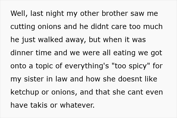 Text about brother seeing onion cutting and discussion on spicy food