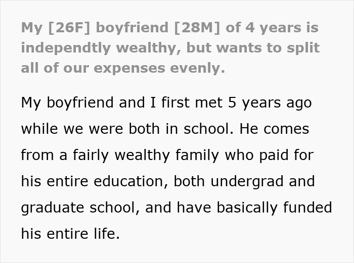 Text excerpt discussing wealthy boyfriend insisting on even expense split Text excerpt discussing wealthy boyfriend insisting on even expense split