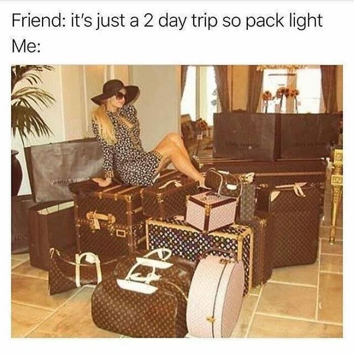 Woman sitting atop a mountain of luggage for a 2-day trip, a funny image illustrating travel memes.
