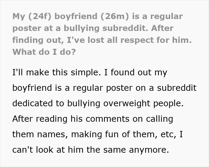 Text about boyfriend regularly posting on body-shaming bullying subreddit
