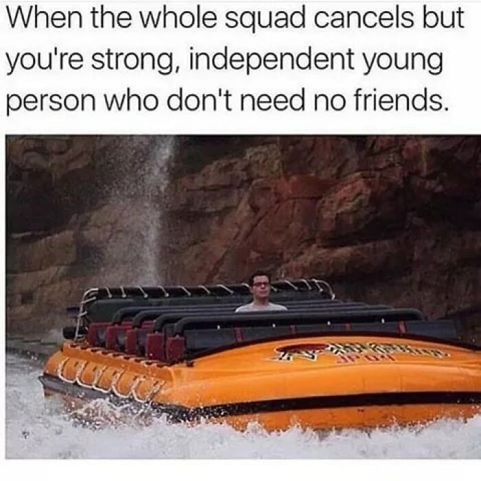 A man on an empty water ride, with text above, captures a relatable Travel Meme about being strong and independent.