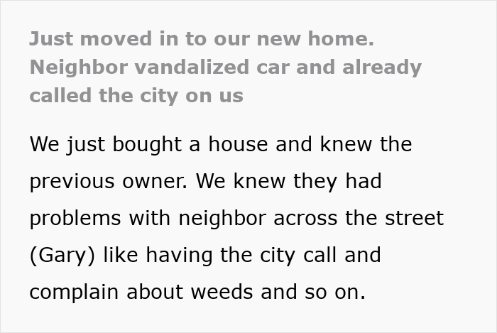 Text discussing neighbor vandalizing car after moving in