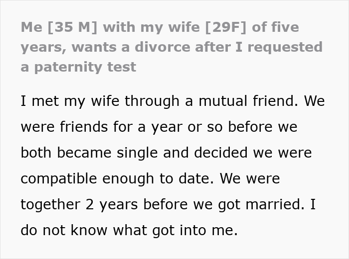 Text post about husband requesting a paternity test and divorce threat Text post about husband requesting a paternity test and divorce threat