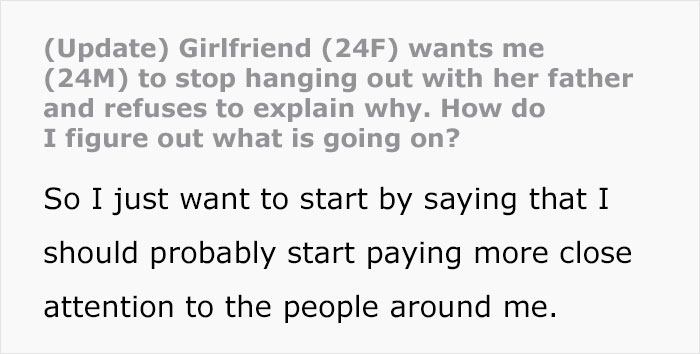 A Reddit post about a man discovering his girlfriend's dad's ugly cover-up after she asks him to stop seeing him.