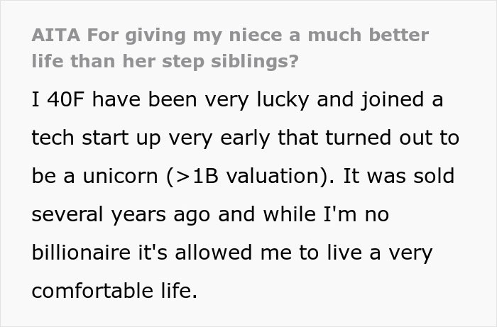 Screenshot of text about a wealthy woman spoiling her niece, asking if she's wrong for it, as stepsiblings get jealous.